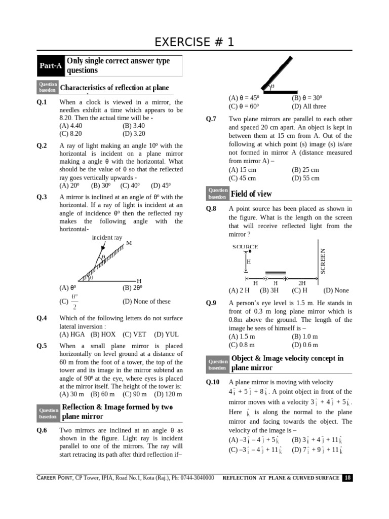 Reflection Exercises and Solutions | PDF | Mirror | Optics