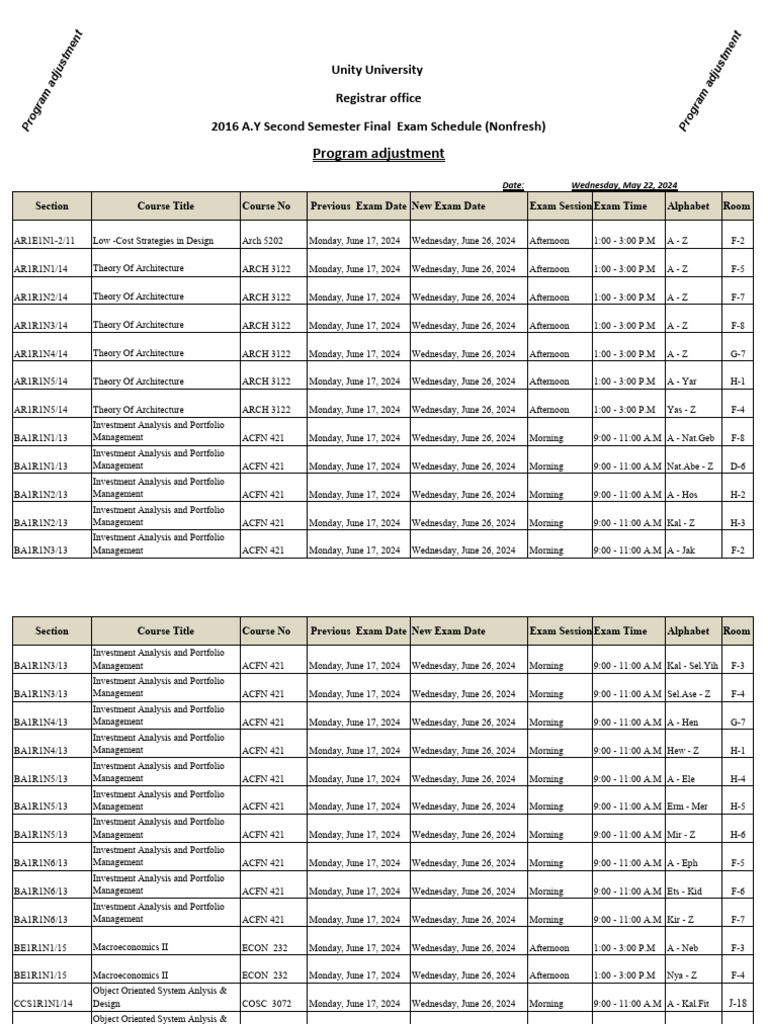 2016 Second Sem. Nonfresh Exam Program Adjustment | PDF