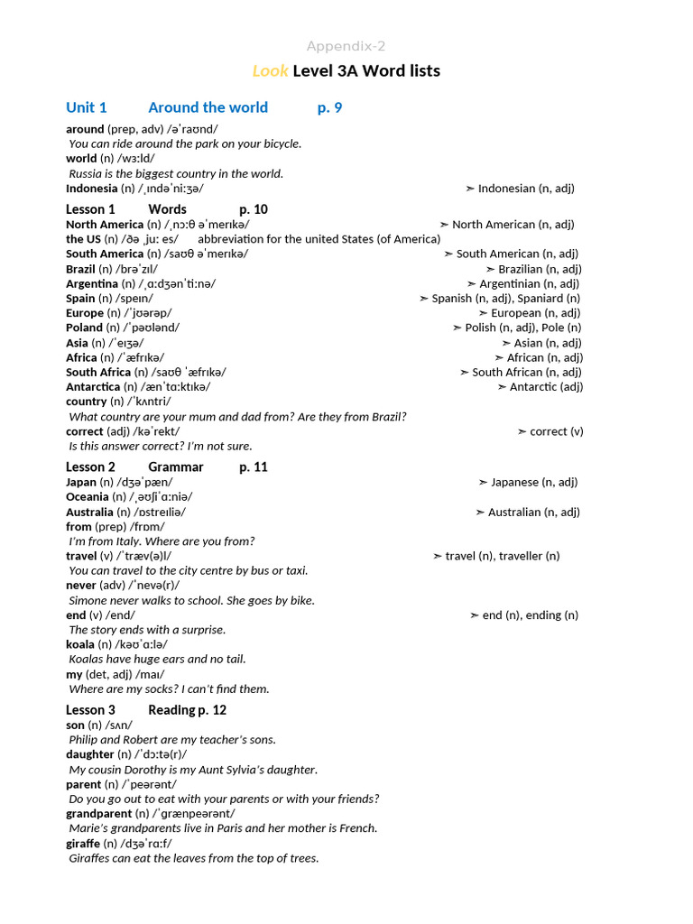 Level 3A Vocabulary and Grammar Guide | PDF