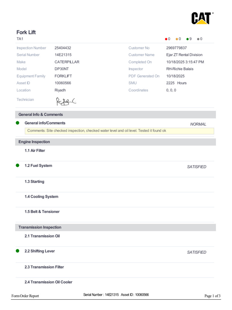 InspectionReport - 2025-10-26T132749.287 | PDF | Forklift | Vehicles