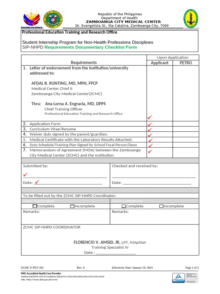 Application ZCMC F Pet 101 Form and Documentary Requirements Checklist ...