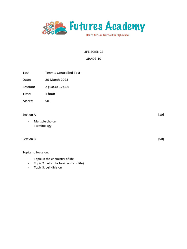 Grade 10 Life Science Test Guide | PDF