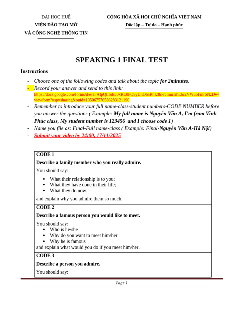 Speaking Test Instructions for Students | PDF