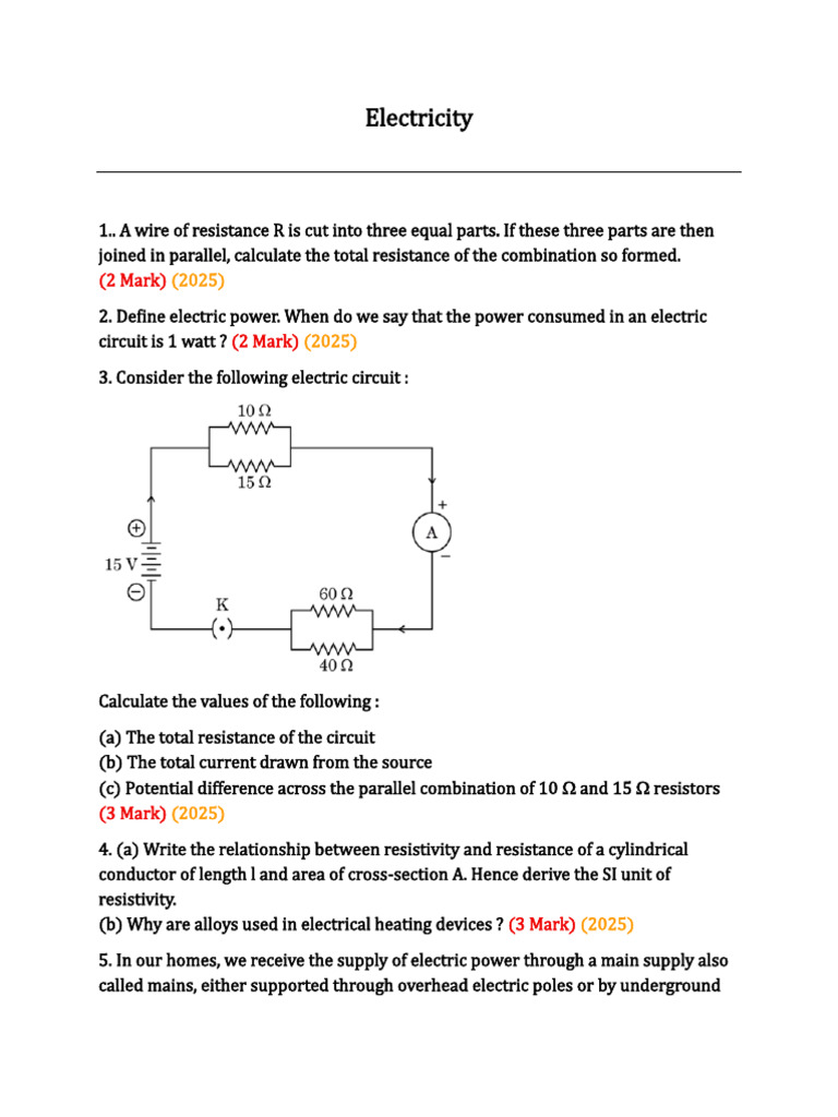 Electricity Pyqs | PDF | Series And Parallel Circuits | Resistor