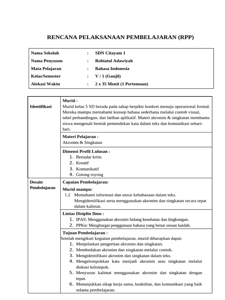 RPP Bahasa Indonesia: Akronim & Singkatan | PDF
