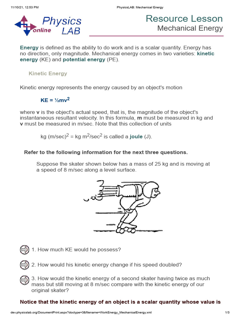 Mechanical Energy: KE and PE Explained | PDF | Potential Energy ...