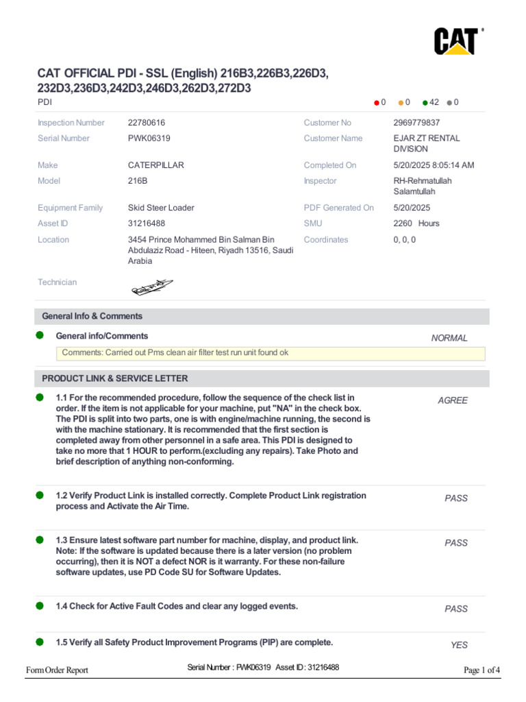Caterpillar 216B PDI Inspection Report | PDF | Washing Machine ...