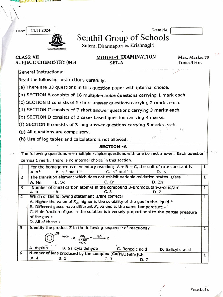 Class XII Chemistry Model Exam Paper | PDF | Carbohydrates | Chemical ...