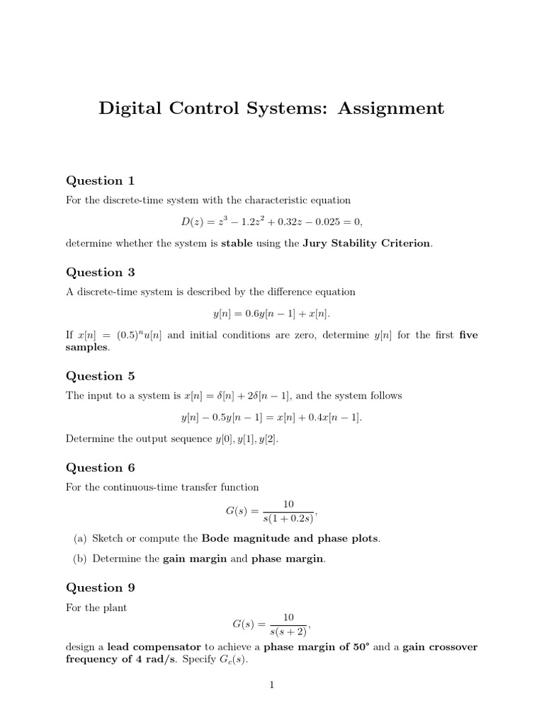 Digital Control Systems Assignment Guide | PDF | Mathematical Objects ...