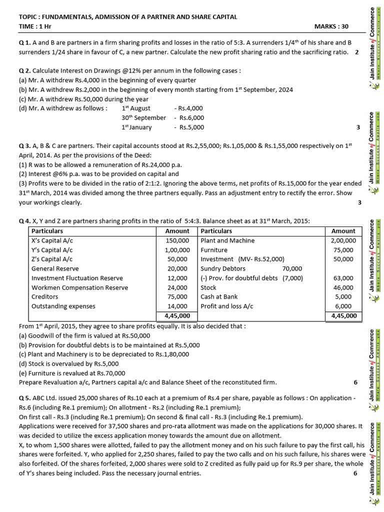 Partner Admission and Capital Calculations | PDF | Measures Of National ...