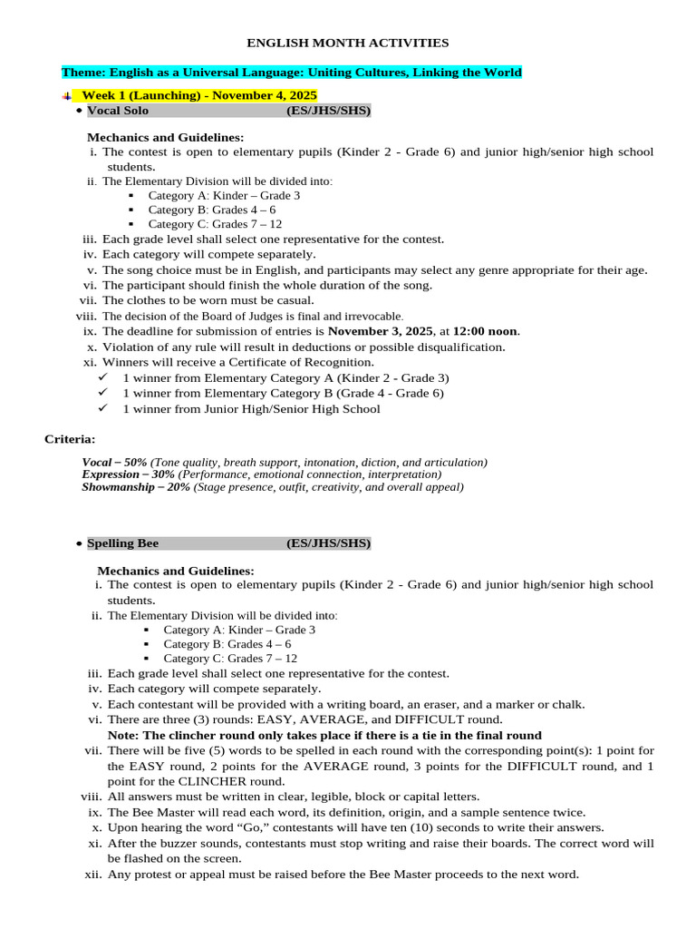 English Month Activities Overview | PDF | Middle Schools | Human ...