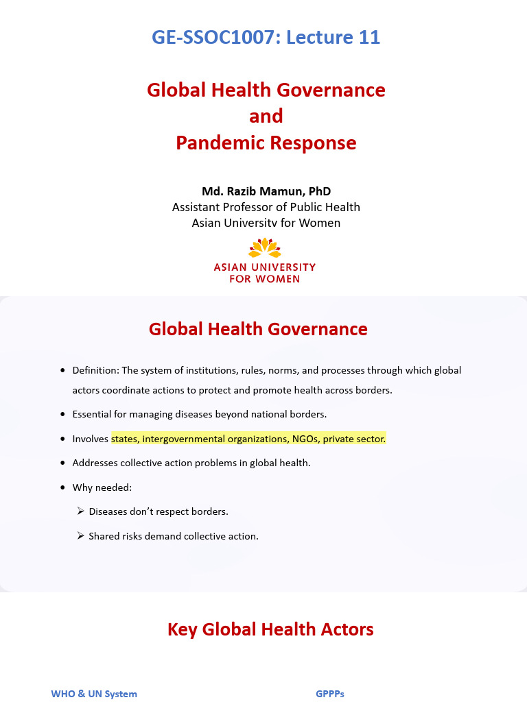 Lecture 11 - Global Health Governance and Pandemic Response | PDF ...