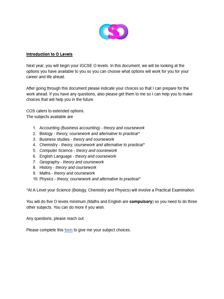 O Levels Subject Selection Guide | PDF