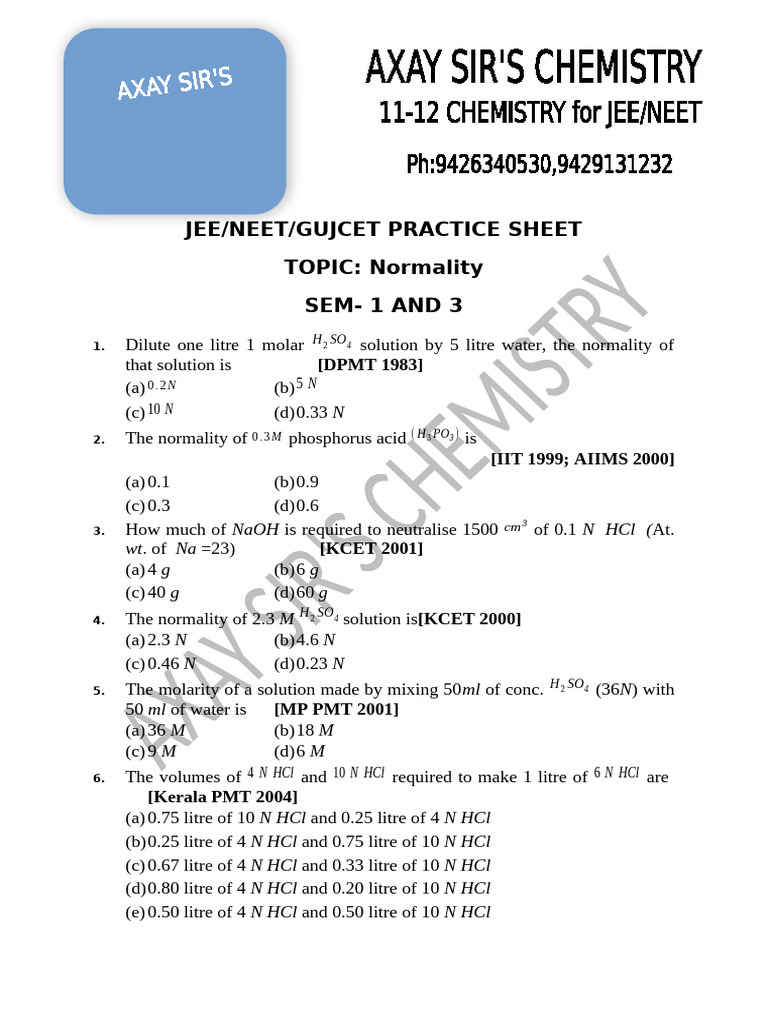 Normality Practice Sheet | PDF | Acid | Mole (Unit)