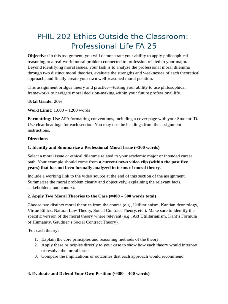 PHIL 202 Ethics Outside The Classroom Professional Life FA 25 | PDF ...