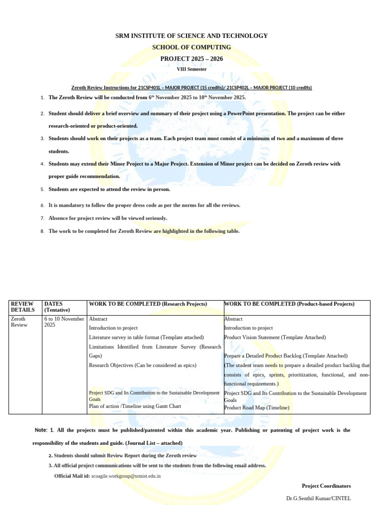 Major Project Zeroth Review Instructions 2025-2026 | PDF