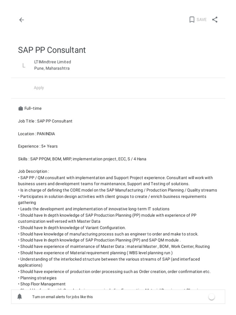 SAP PP Consultant Job Opening in India | PDF