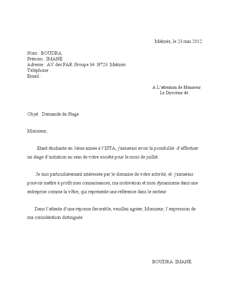 Demande De Stage Fiduciaire Maroc Exemple Elaine Jones ejemplo de carta