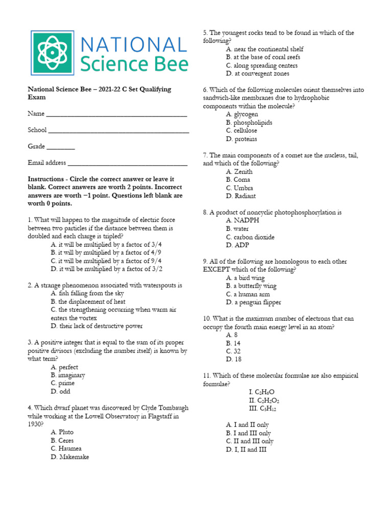 National Science Bee 2021-22 C Set Exam | PDF