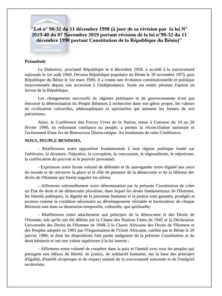 Constitution de la République du Bénin | PDF | Loi | Gouvernement