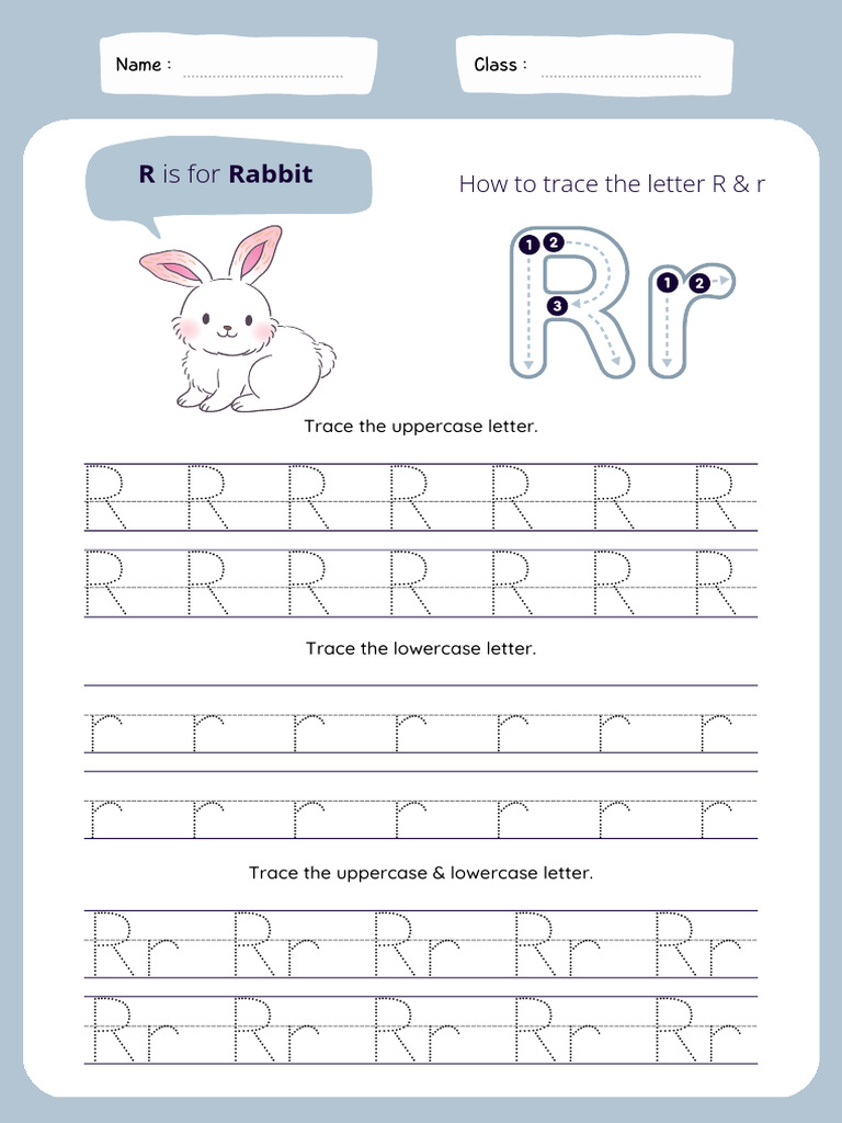 Tracing Letter R For Racoon Worksheet in Soft Blue Illustrative Style | PDF