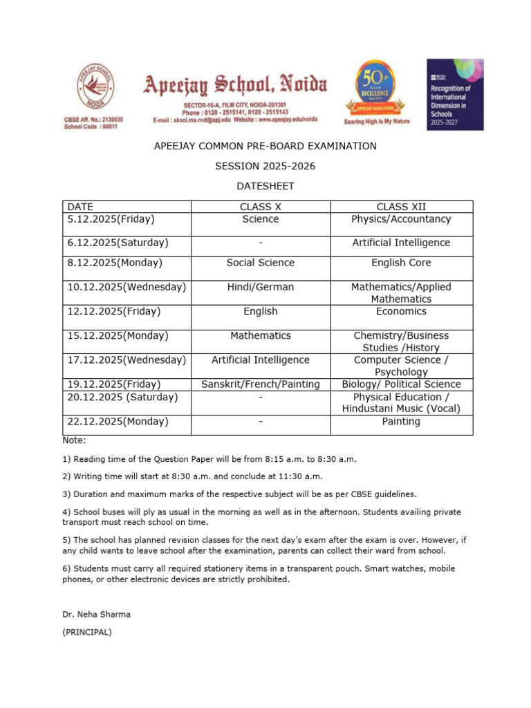 APEEJAY Class X & XII Pre-Board Datesheet | PDF