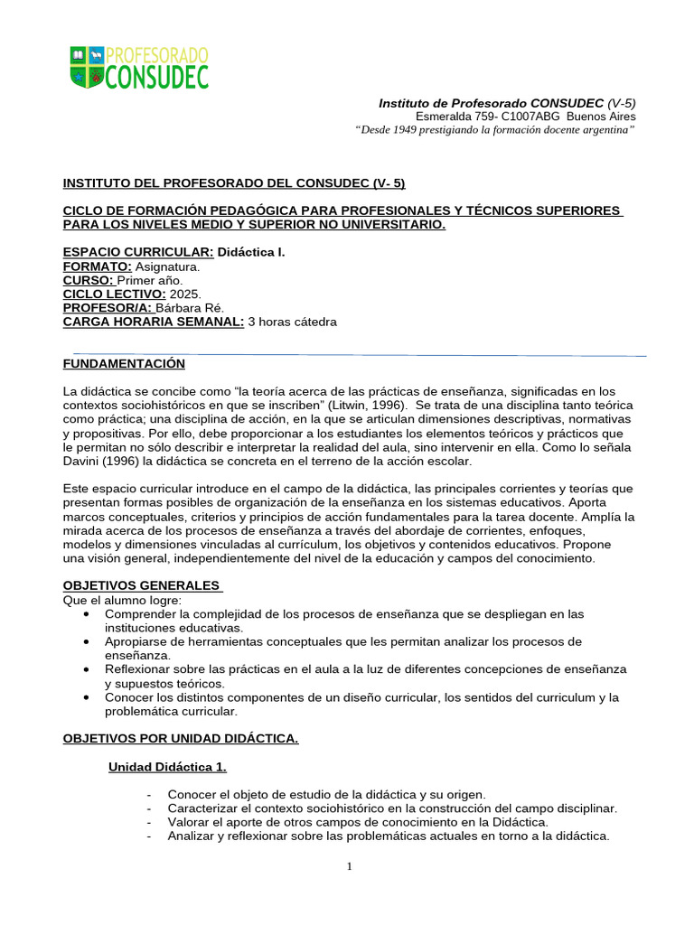 Didáctica I: Formación Docente 2025 | PDF | Plan de estudios | Enseñando