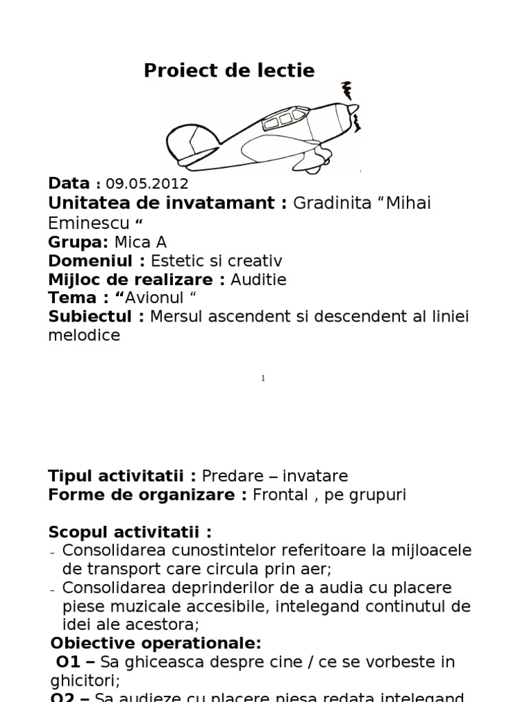 Proiect De Lectie Margulescu Adela Grupa Mica Avionul