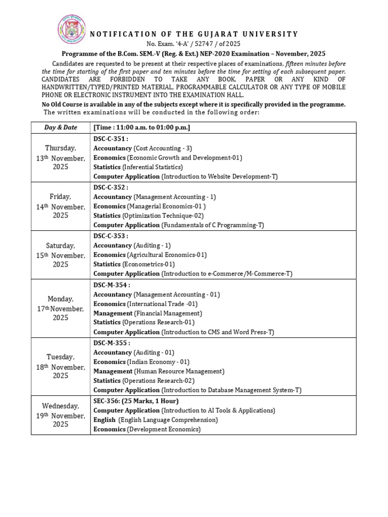 B.Com SEM-V Exam Schedule November 2025 | PDF | Economies | Business