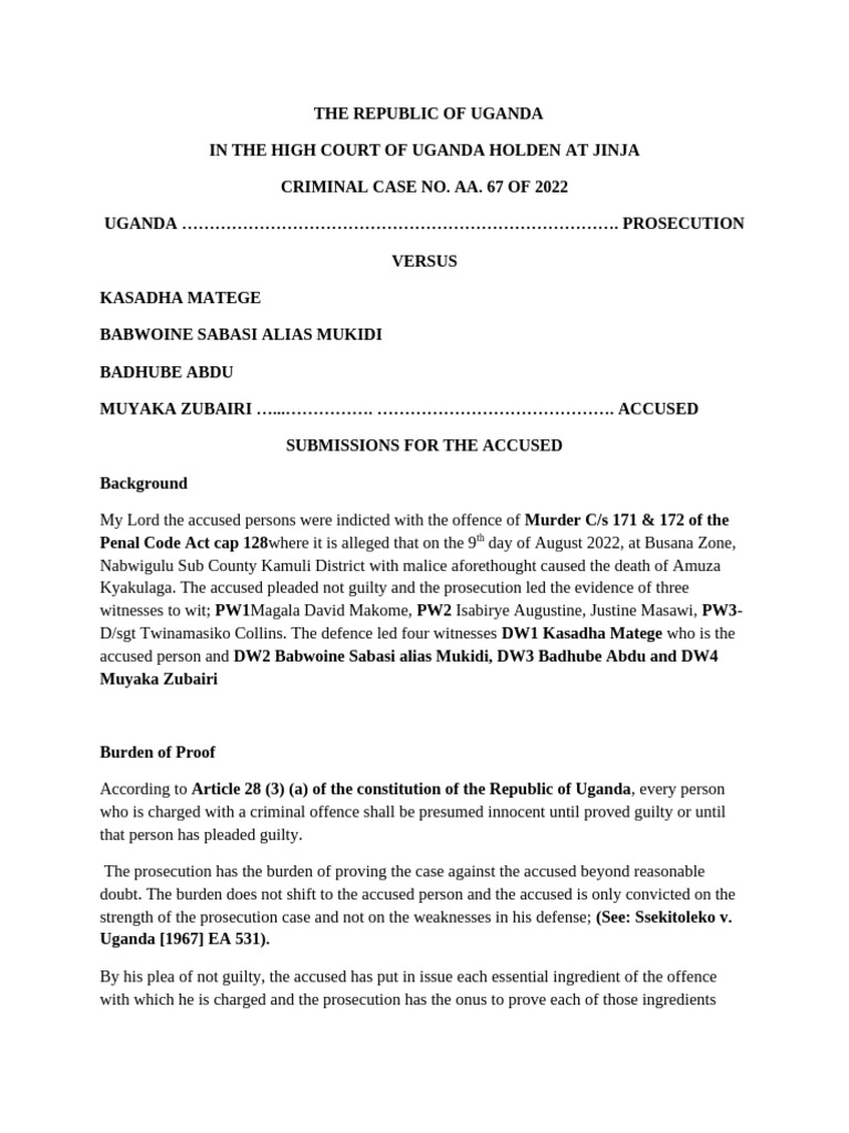 Uganda High Court Murder Case Submissions | PDF | Burden Of Proof (Law ...