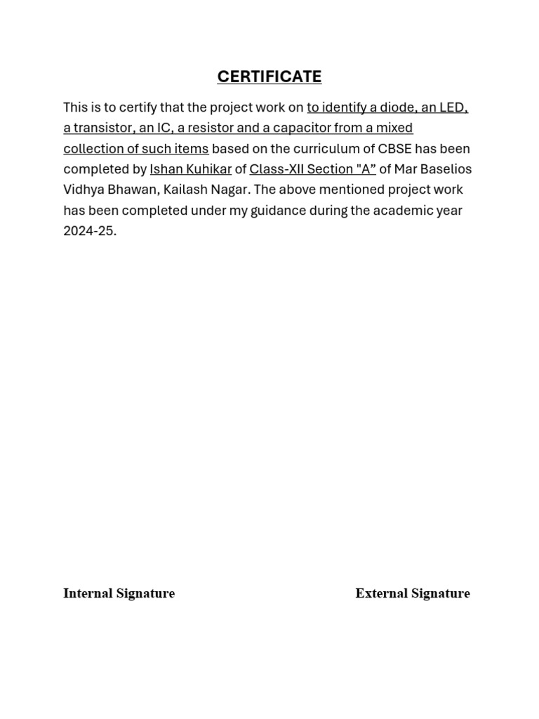 CBSE Project Certificate for Electronics | PDF