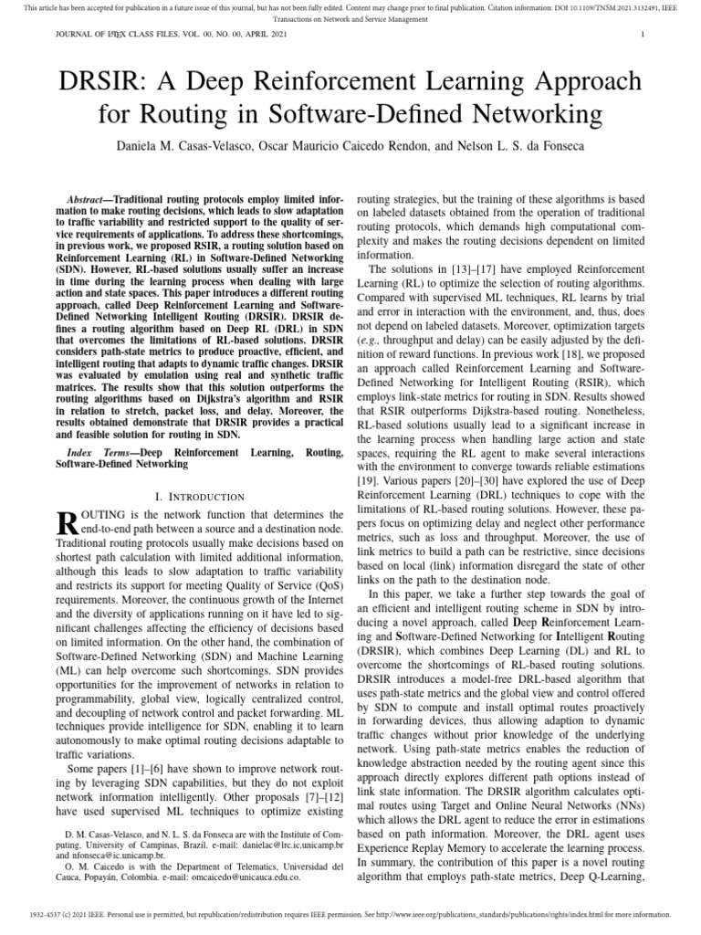 DRSIR: Deep RL for SDN Routing Optimization | PDF | Routing | Computer ...