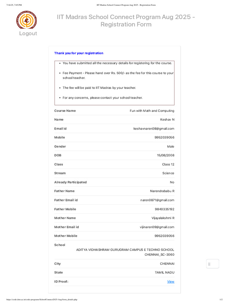 IIT Madras School Connect Program Aug 2025 - Registration Form | PDF