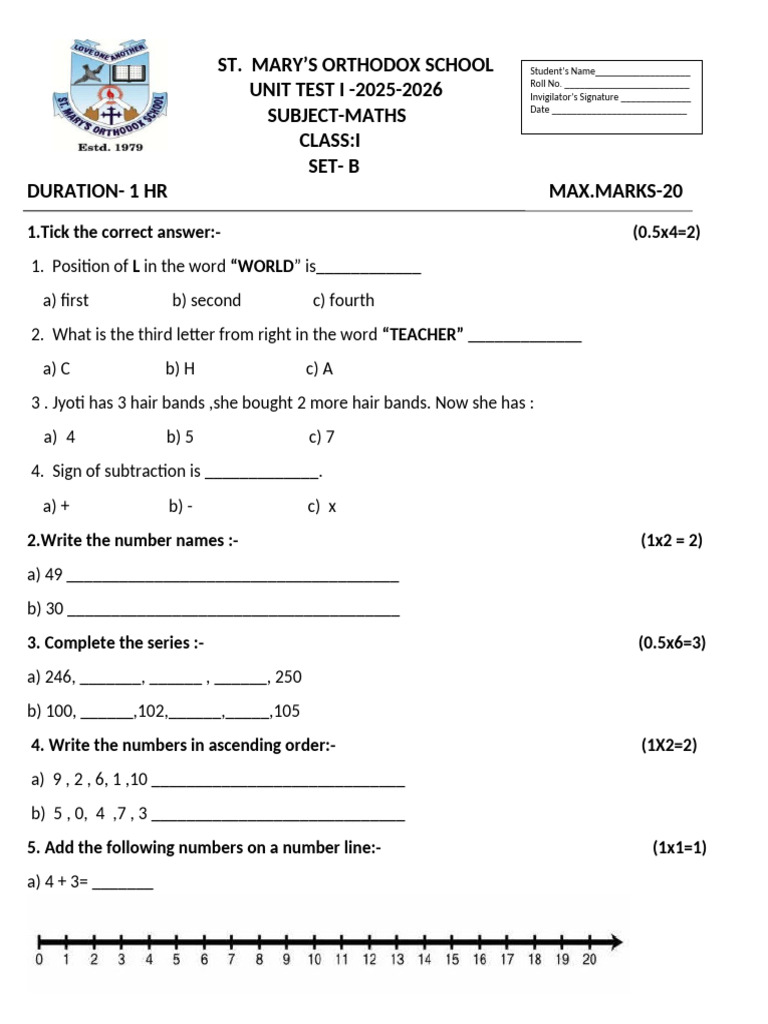 Class 1 Maths Unit Test 2025-2026 | PDF | Chess | Chess Theory