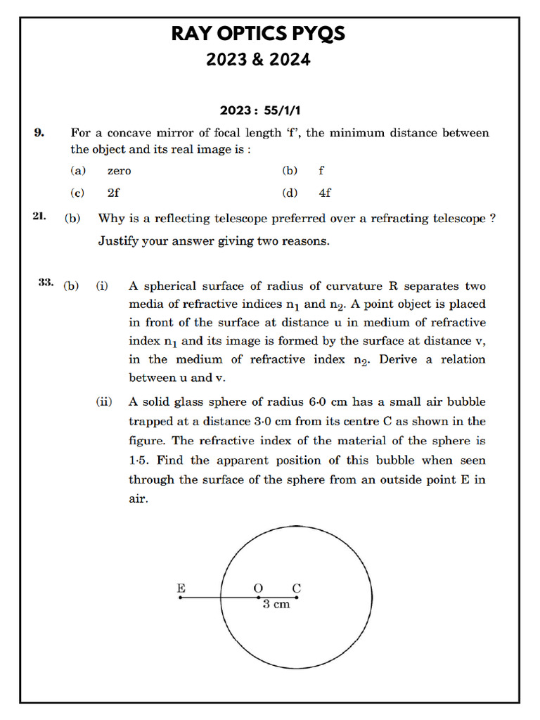 Physics Ray Optics 2023 and 2024 Pyqs | PDF