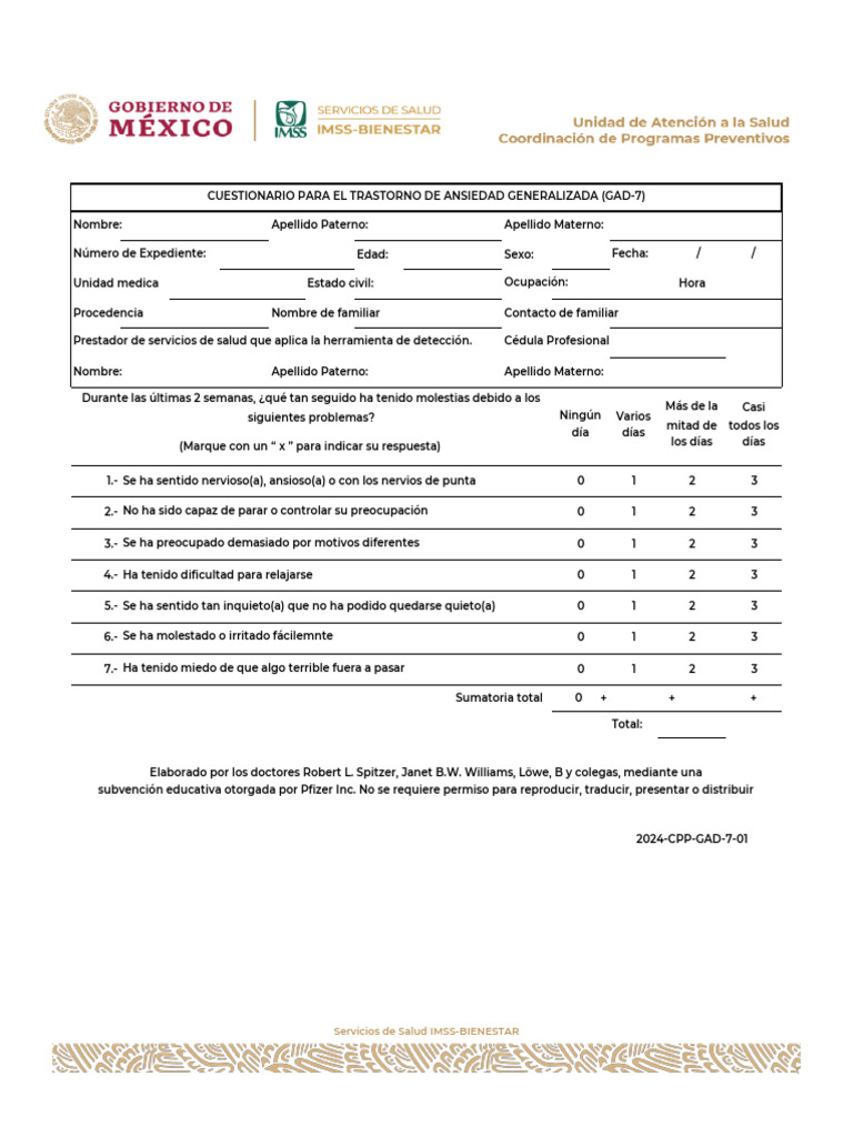 Cuestionario GAD-7 para Ansiedad Generalizada | PDF | Ansiedad | Salud ...