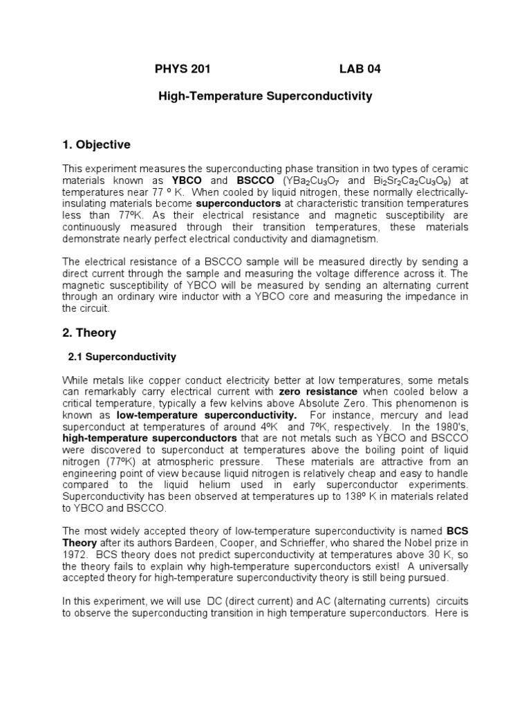 Superconductivity Experiment with YBCO and BSCCO | PDF ...