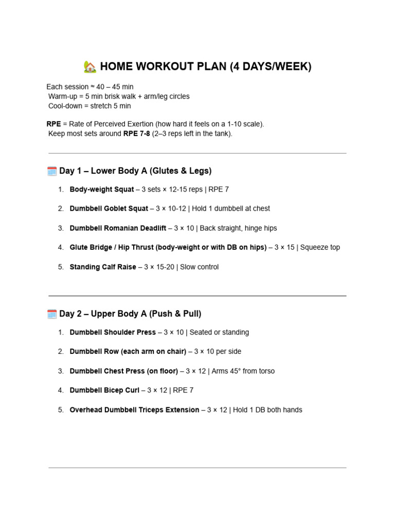 4-Day Home Workout Plan Guide | PDF