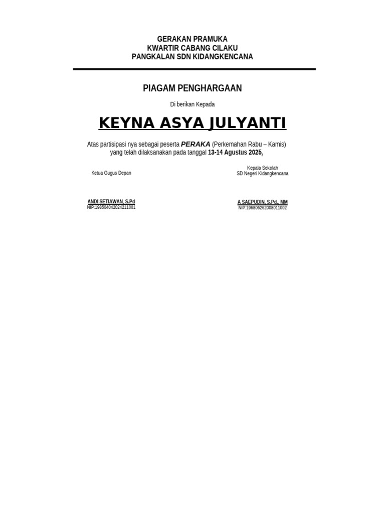 Piagam Penghargaan - Pramuka Pi | PDF