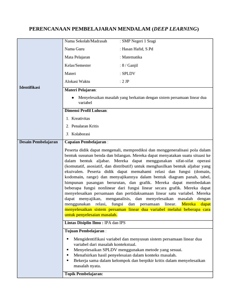 MODUL AJAR (DEEP LEARNING) SPLDV - Hasan Hafid | PDF