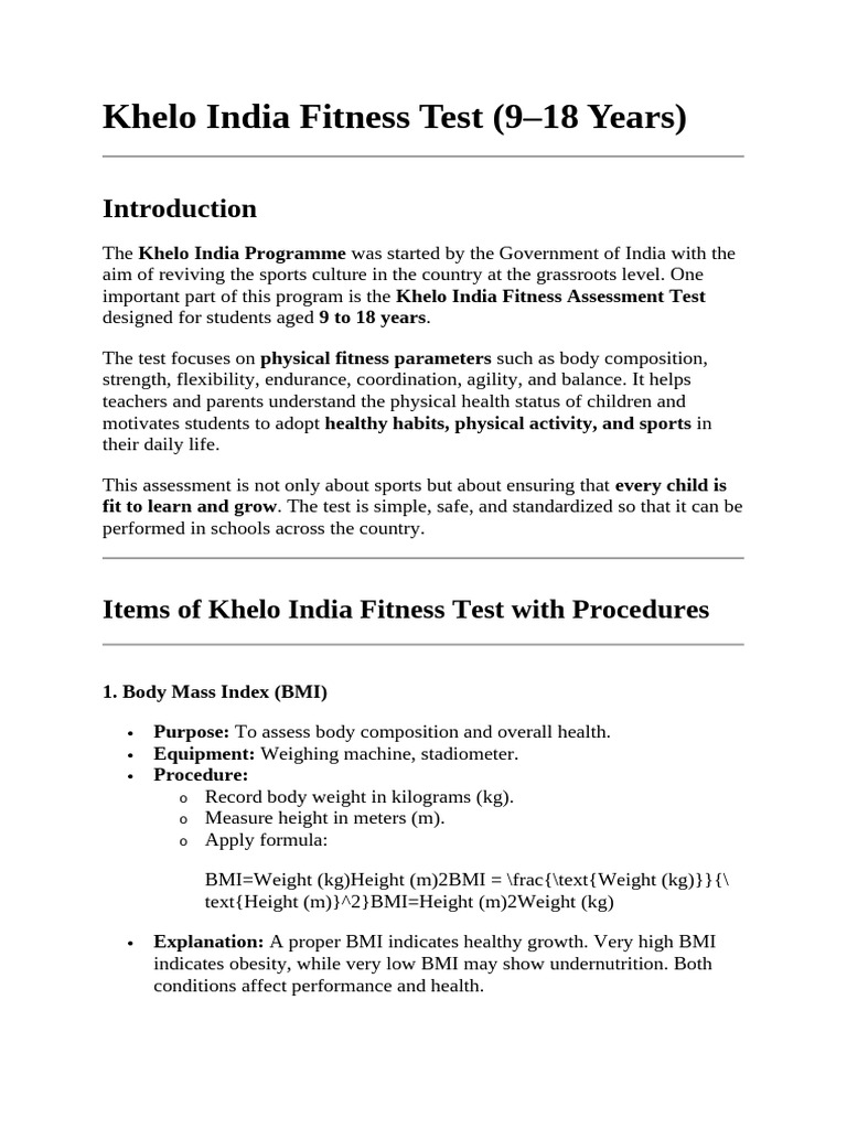 Khelo India Fitness Test Overview | PDF | Body Mass Index | Flexibility ...