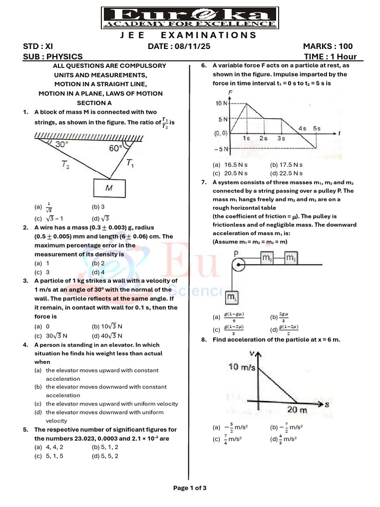 Physics Exam Paper for Class XI | PDF | Force | Friction