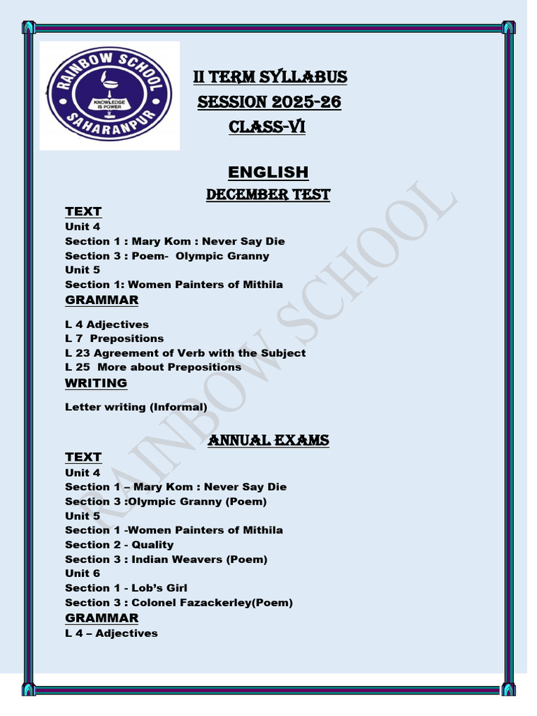 Class VI 2025-26 Syllabus Overview | PDF | Verb | Adjective