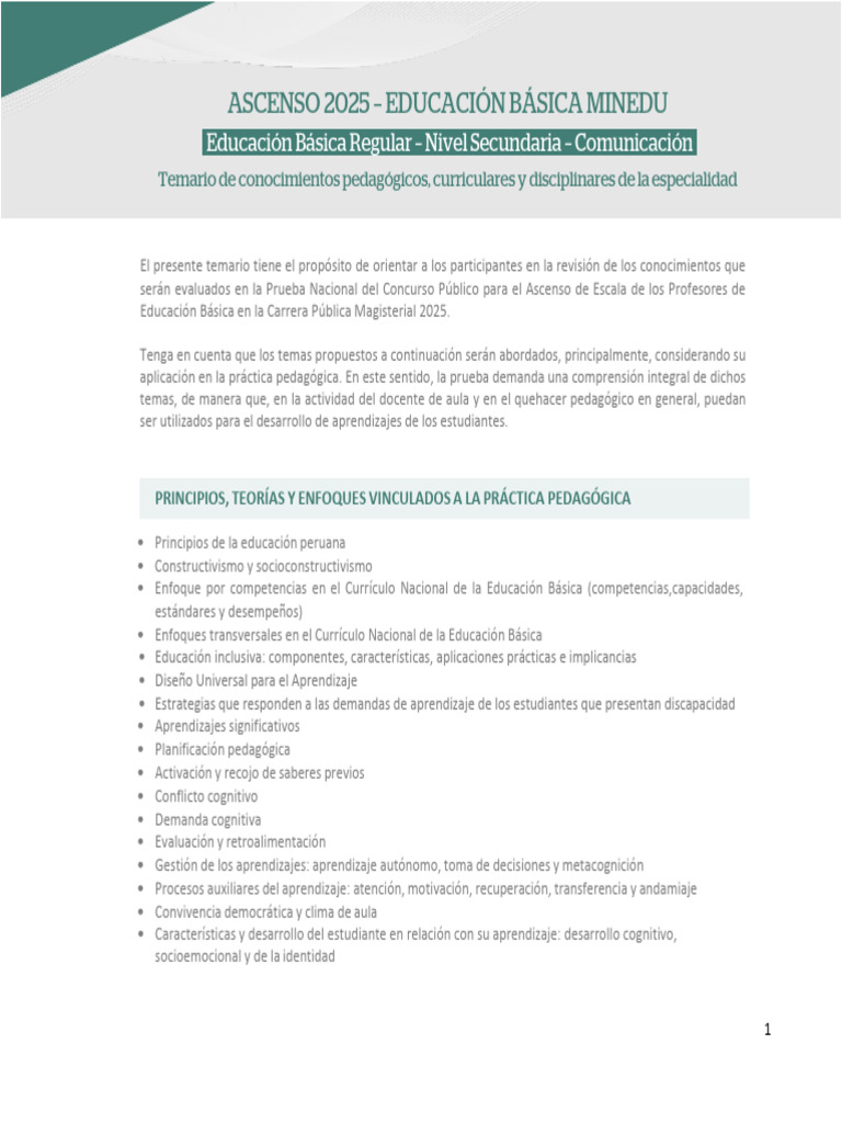 Temario para Ascenso Docente 2025 | PDF | Plan de estudios | Aprendizaje