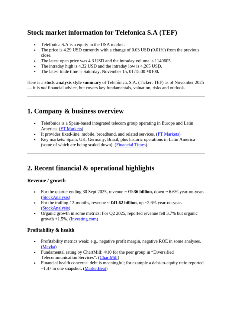Telefonica S.A. Stock Analysis & Outlook | PDF | Valuation (Finance ...