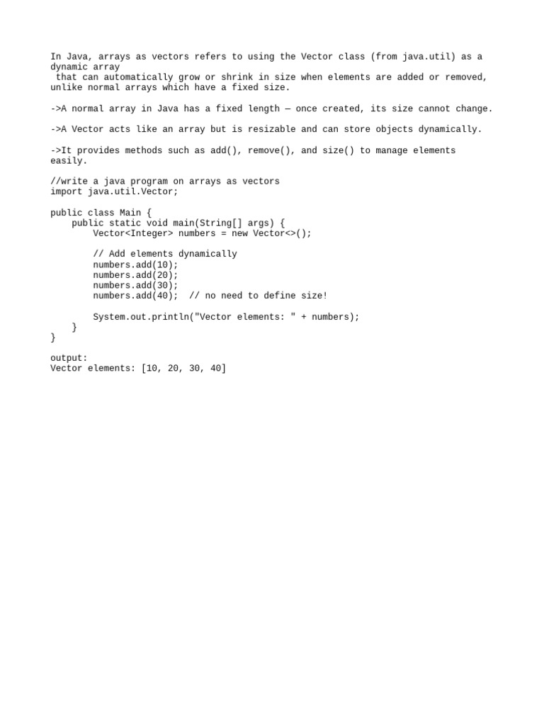 Java Vectors: Dynamic Arrays Explained | PDF