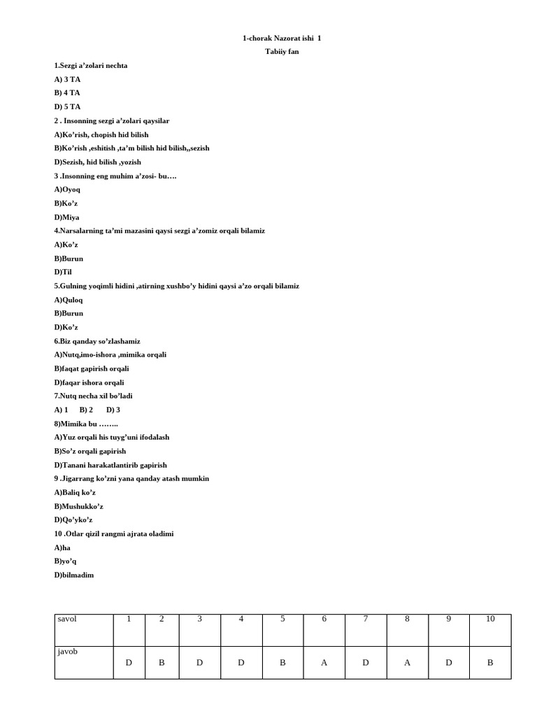 1-Chorak Nazorat Ishi Test | PDF