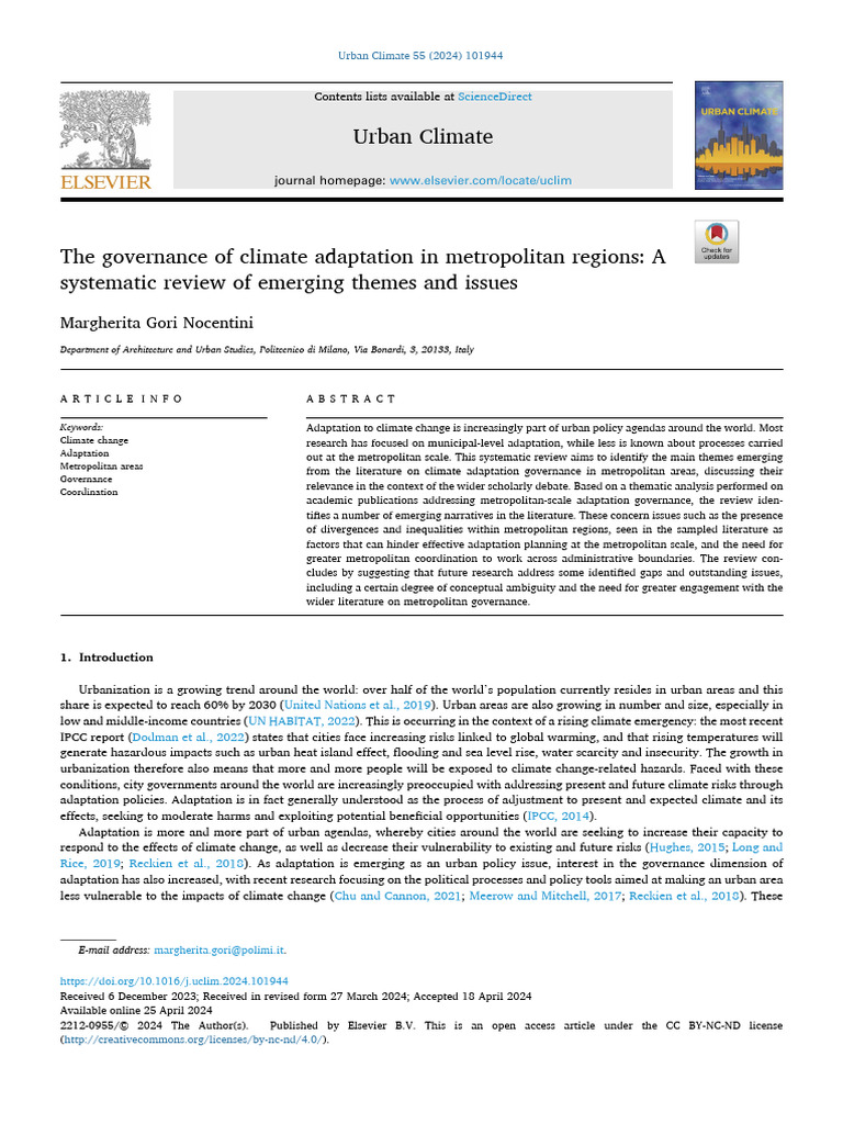 Climate Adaptation Governance in Cities | PDF | Systematic Review ...