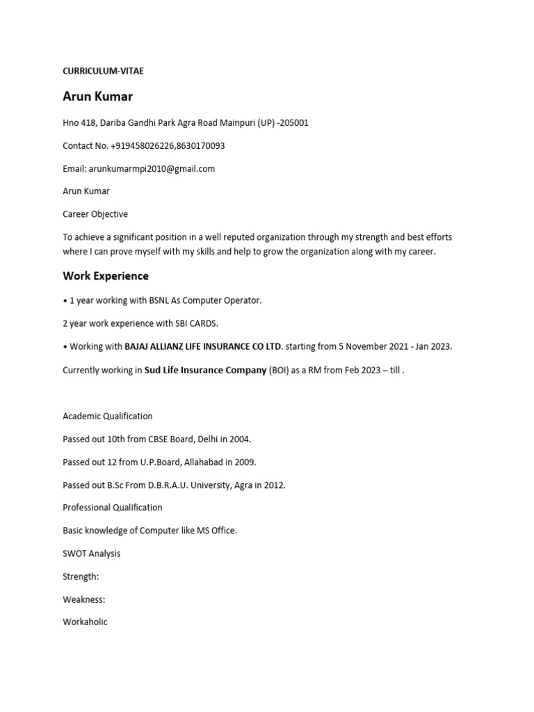 Arun Kumar's Professional CV Summary | PDF