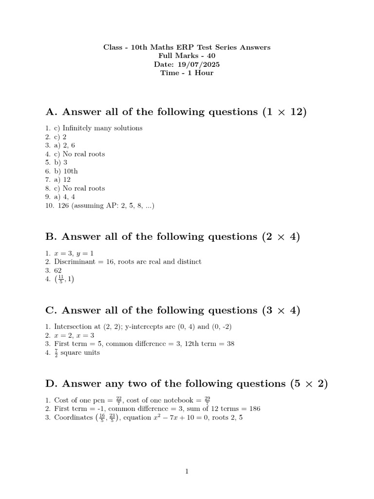 Answer Key Class 10th Matths | PDF